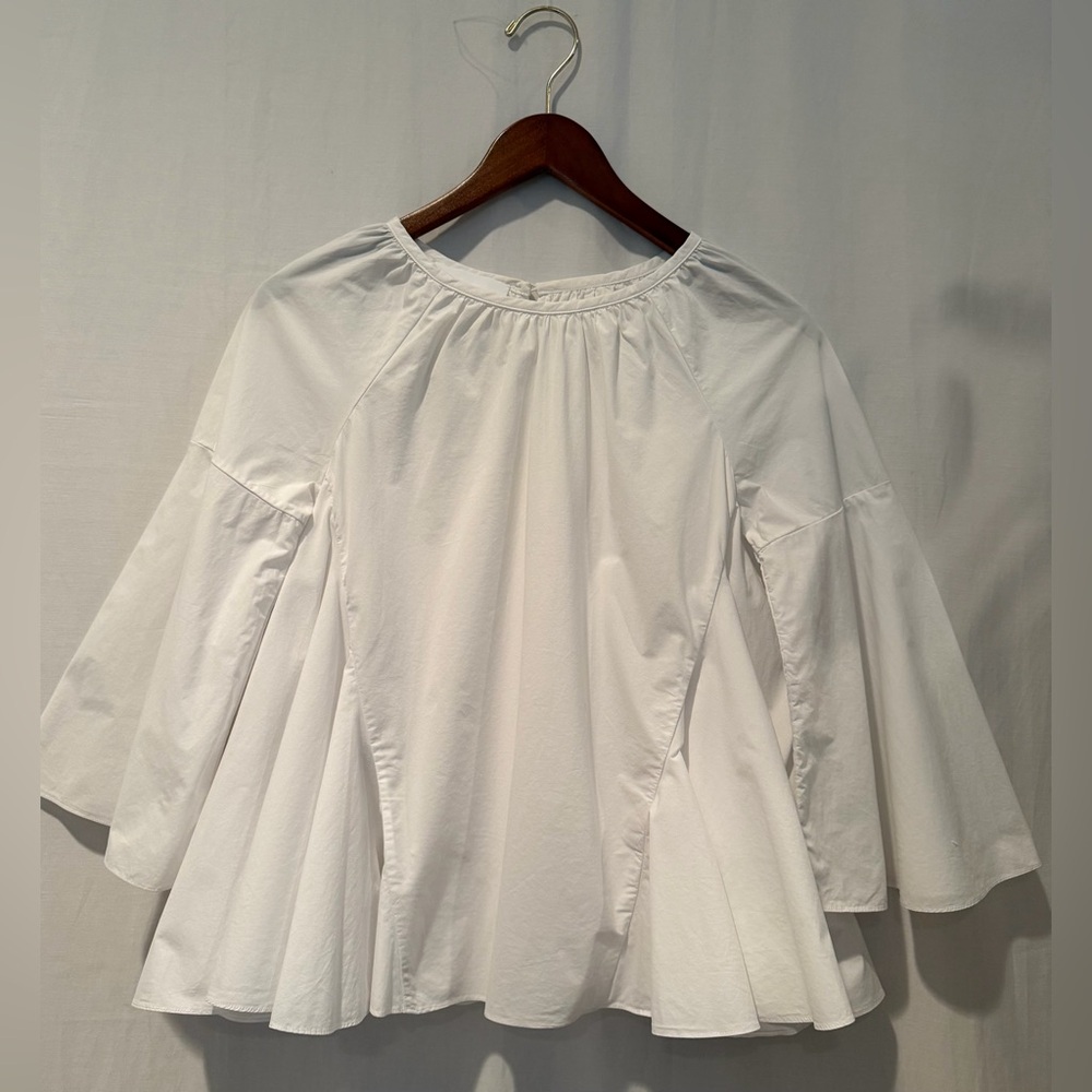 Co Cotton Peasant Blouse w. Bell Sleeves & Wide Shirring on Sides - White - S